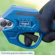 Front hand guard for maximum safety on Scheppach cordless pruning shears
