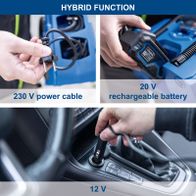 Hybrid function showing 230V AC power input, 20V rechargeable battery and 12V outlet for Airforce 6 compressor set