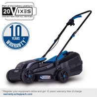 Battery lawnmower with 10-year warranty, 32 cm cutting depth, 20V-X battery system, online registration for warranty included