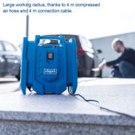 Portable air compressor with 8m working range via 4m hose and cable, including tire inflator and adapters