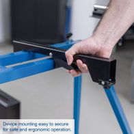 Secure mounting system for safe and ergonomic device placement on mitre saw base