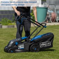 Foldable handle for easy transport and space-saving storage of a Scheppach battery-powered lawnmower