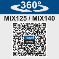 360° rotation feature for MIX125/MIX140 mixer with QR code linking to Scheppach product info