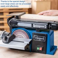Belt and disc sander with spacious work area for effective surface finishing, featuring a large worktable and grinding disc.