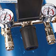 Double pressure gauges on compressor with integrated filters, measuring up to 200 bar