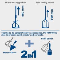 Mortar and paint mixing paddles for Scheppach PM1400 hand mixer with height indicators