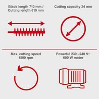 Key technical specs: 710 mm blade length, 24 mm cutting capacity, 1500 rpm, 600W motor, 230–240 V power