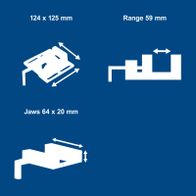 Scheppach jaw dimensions: 124 x 125 mm and 64 x 20 mm, range of motion 59 mm