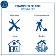 Examples of use for workshop, construction site, house, and garden with tools and machinery