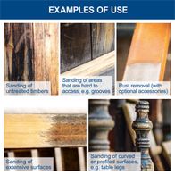 Examples of sanding features for various surfaces including untreated timber, hard-to-reach areas, rust removal, extensive surfaces, and curved/profiled surfaces.