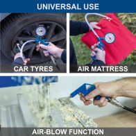 Portable air compressor with air pistol and adapters for versatile use, including tire inflator for car tires and air mattress inflation