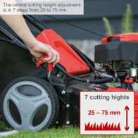 Lawnmower height adjustment display showing seven cutting heights from 25 to 75 mm