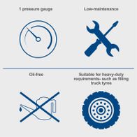 Oil-free compressor system with low maintenance, single pressure gauge, suitable for heavy-duty tasks such as truck tyre filling
