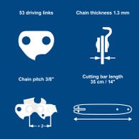 Scheppach chain featuring 53 driving links, 1.3 mm thickness, 3/8 inch pitch, cutting bar length 35 cm