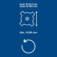 Key technical specs: inner and outer diameter dimensions, maximum rotational speed