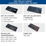 Tool trolley containing a set of 3 pliers, 6 Allen keys, screwdriver set, crimp tools, and wire cutting tools
