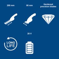 Precision blades with 90 mm cutting width and 200 mm cutting length for cordless grass and hedge trimmer; 20 V battery and long-lasting design
