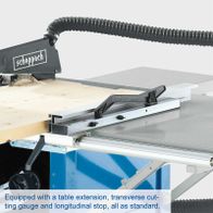 Scheppach table saw featuring extendable worktop, transverse cutting gauge and longitudinal stop