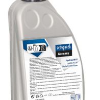 Scheppach Hydraulic Oil 1 liter, grey bottle with black cap, back view with safety instructions and manufacturer information.