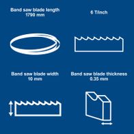 Band saw blade measuring 1790 mm in length, 10 mm wide, 0.35 mm thick with 6 TPI tooth pitch