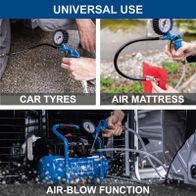 Scheppach cordless compressor showing air-blow function for car tyres and air mattress