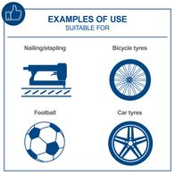 Examples of typical uses: nailing, stapling, bicycle tyres, football, car tyres