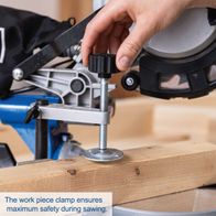 Workpiece clamp for Scheppach sliding mitre saw ensuring safety during cutting