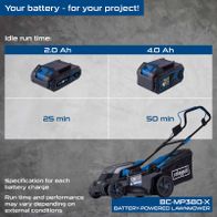 Scheppach battery-powered lawnmower BC-MP380-X showing runtime for 2.0Ah and 4.0Ah batteries, 25/50 minutes respectively