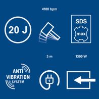 Key features: 1500W power, 4100 RPM, 7J impact energy, SDS-Plus system, 3m range, anti-vibration system, 1300W motor output, reversible drill direction