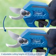 Scheppach cordless pruning shears featuring two adjustable cutting heights (15 mm and 28 mm)