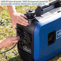 Scheppach inverter generator featuring 1600W nominal, 2000W max power with dual 230V sockets and dual USB ports