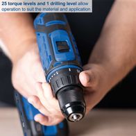 Tool featuring 25 adjustable torque levels and 1 drilling setting for precise operation