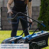 Foldable handle for easy transport and space-saving storage of Scheppach cordless lawnmower