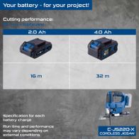 Scheppach cordless jigsaw C-JS220-X showing battery performance for 2.0Ah and 4.0Ah with runtime of 16m and 32m respectively