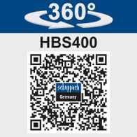 HBS400 bandsaw featuring 360° adjustable work area with QR code linking to Scheppach product details