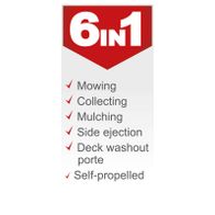 Key features of Scheppach petrol lawnmower: mowing, collecting, mulching, side ejection, deck washout, self-propelled