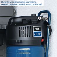 Stand air compressor with 50L tank and 2.0 HP, featuring dual quick couplings for accessories