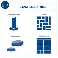 Examples of materials and applications: concrete base, tiles, natural stone, slot making