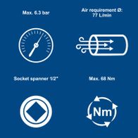Key technical details for compressed air ratchet: max. 6.3 bar pressure, 77 L/min airflow, 1/2" socket, 68 Nm torque