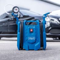 Portable air compressor with tire inflator and air pistol, including adapters and 8-meter working radius