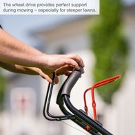Scheppach petrol lawnmower with wheel drive, offering excellent support for steep lawns