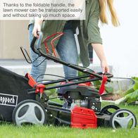 Foldable handle for easy transport and compact storage of a Scheppach lawnmower