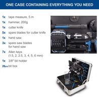 TB150 tool kit featuring contents: measuring tape, hammer, cutter knife, spare blades, hand saw, saw blades, Allen keys set, bit holder, and bit box