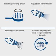 High-pressure cleaner features: rotating washing brush head, adjustable spray nozzle, rotating turbo nozzle, durable aluminum pump for extended service life.