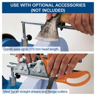 Scheppach wet grinding system showing axes up to 170 mm and shears for sharpening applications