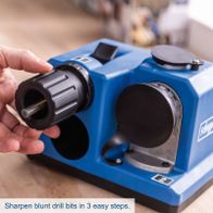 Scheppach drill bit sharpener with instructions for sharpening worn drill bits in three easy steps