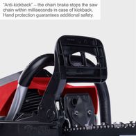 Scheppach chainsaw featuring anti-kickback brake and hand protection for rapid chain stop