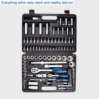Scheppach TB94 tool kit case with 94-piece set: Organized socket sets, combination wrenches, ring spanners, adjustable wrenches, pliers, and other tools