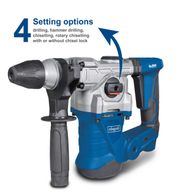 Scheppach impact drill showing adjustable settings for drilling, hammer drilling, chiselling, rotary chiselling with or without chisel lock