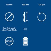 Key technical specs: 20V, 800mm length, 100mm drill bit, Eco, Anti-clockwise, Power Mode